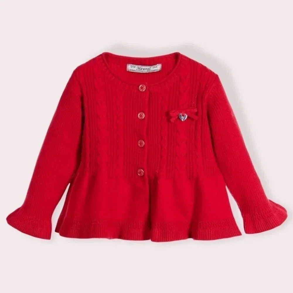 NWT Mayoral Chic cardigan sweater red cable‎ knit peplum hem size 6 months
